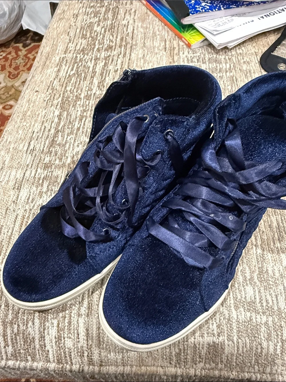 Girls Navy Velvet High-Top Sneakers